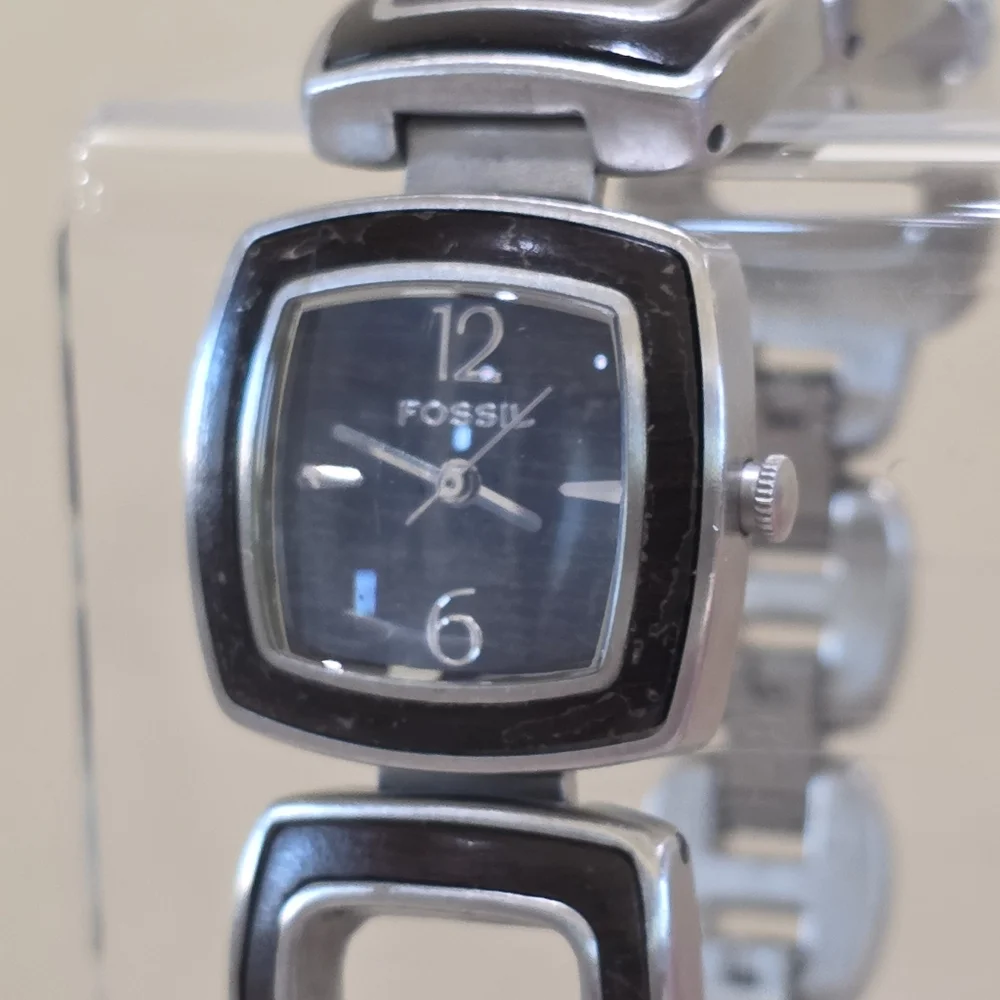 Fossil WOODGIRL Square Face Brushed Stainless Steel Wood Detail Wrist Watch